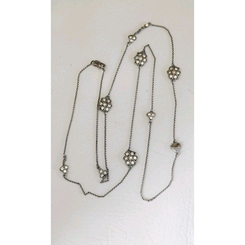 Juicy Couture Vintage Rhinestone Charm Station Necklace Silver Heart Flower Y2K